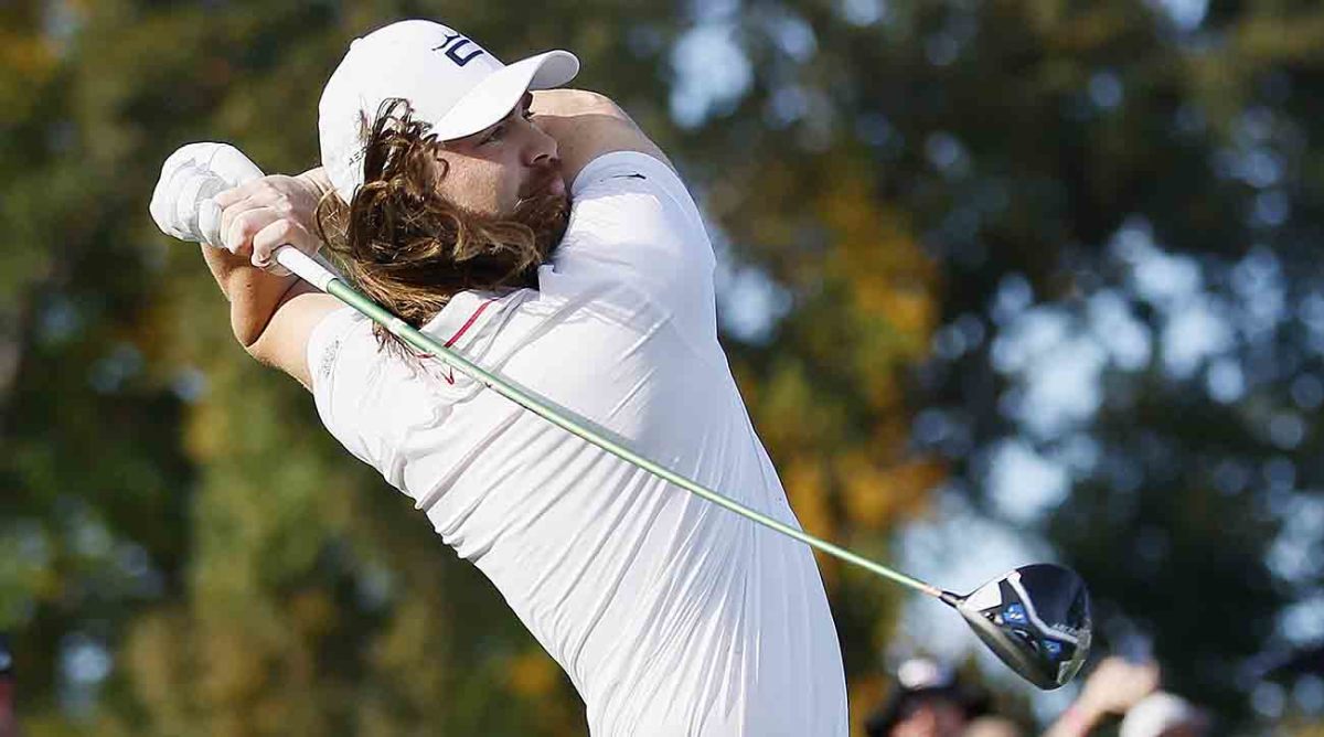 Kyle Berkshire watches his final 398-yard drive during the final round of the World Long Drive Championship at Bobby Jones Golf Course on Oct. 22, 2023 in Atlanta, Georgia.